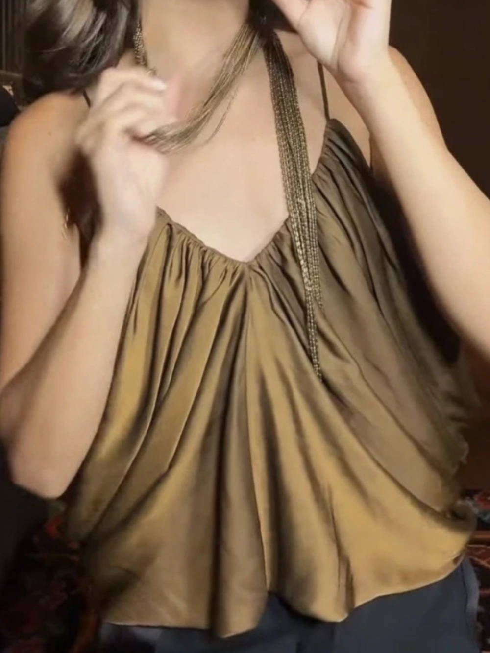 Zara ZW Collection Draped Satin Effect Tank Top. Color - Tobacco. Size M - Picture 2 of 4